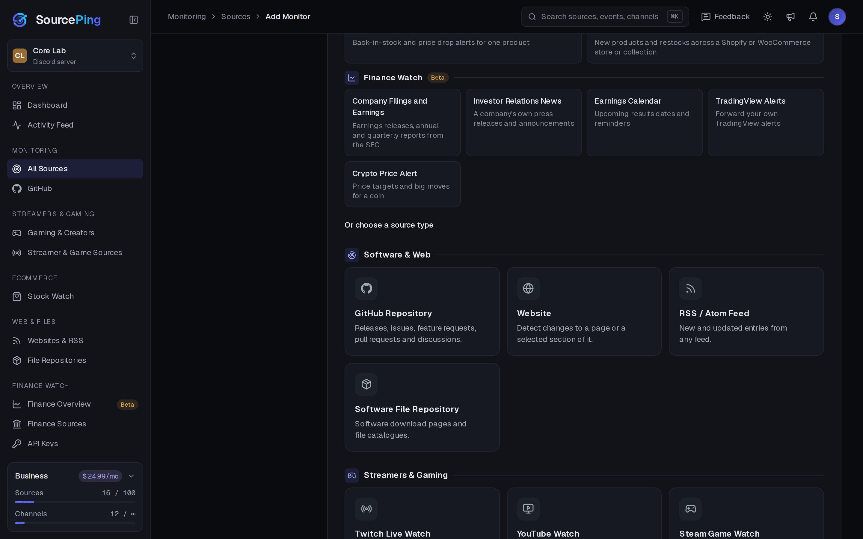 SourcePing dashboard: Add TradingView alerts in a few clicks.