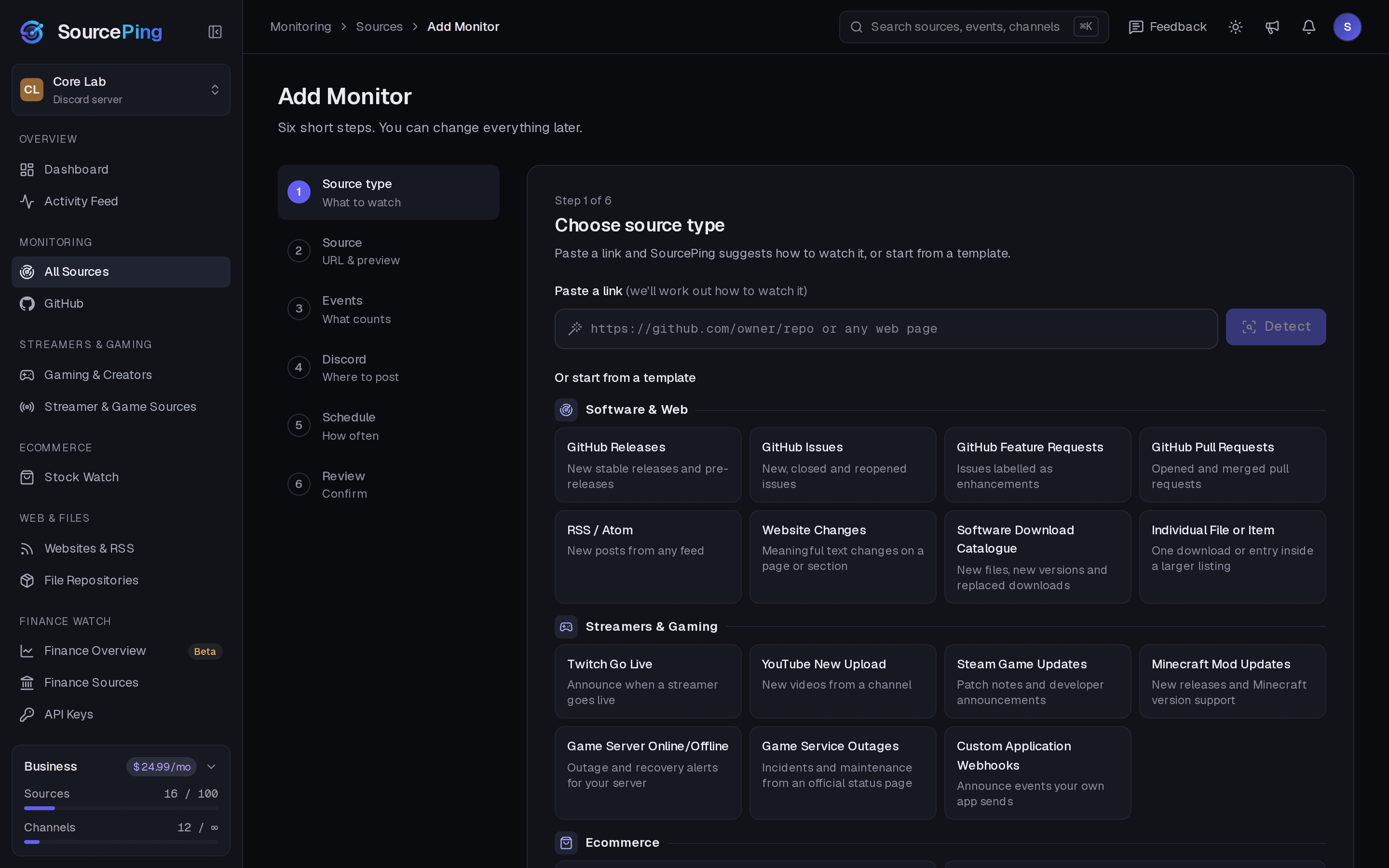 SourcePing dashboard: Add a feed in a few clicks.