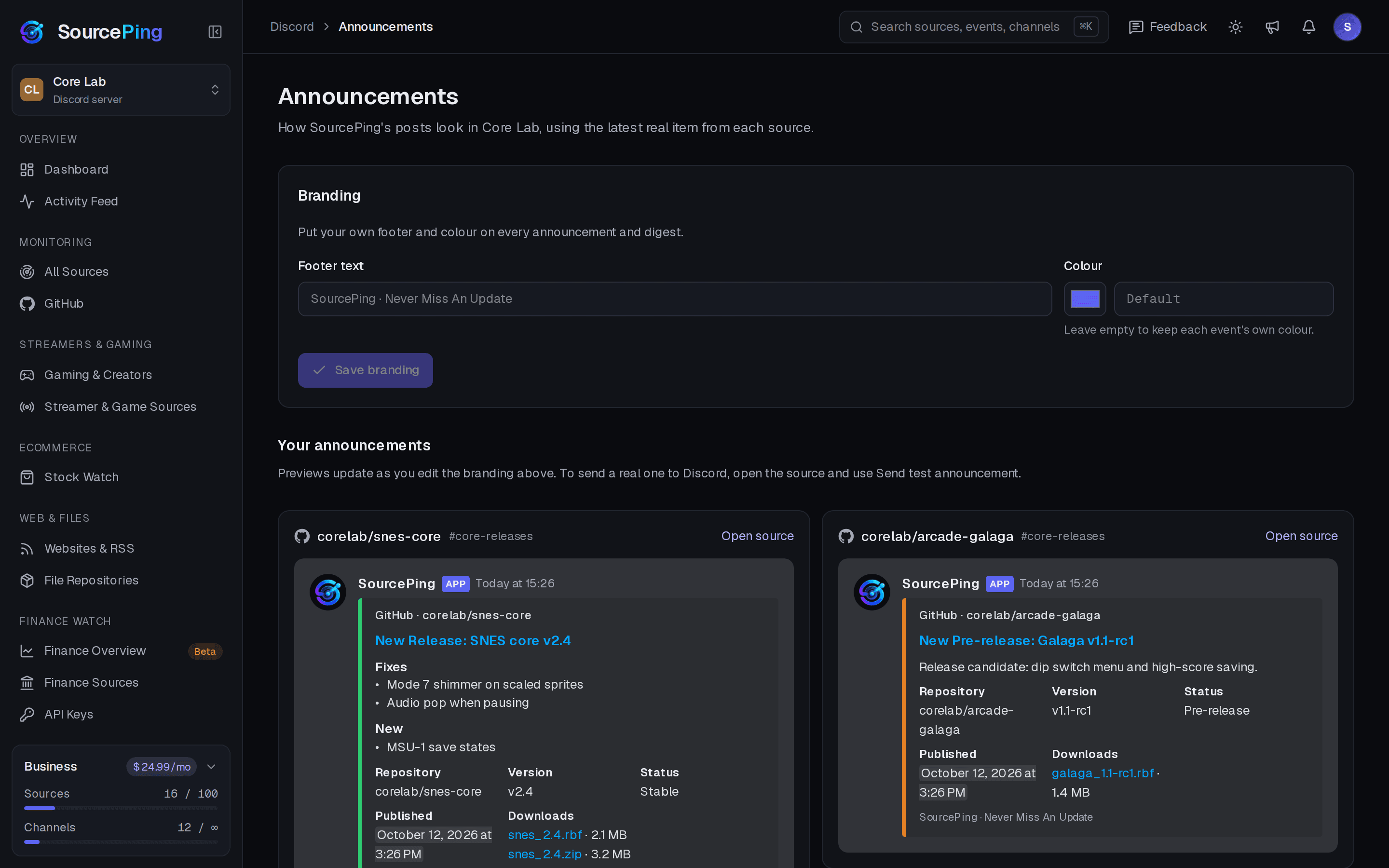 SourcePing dashboard: Preview every announcement.