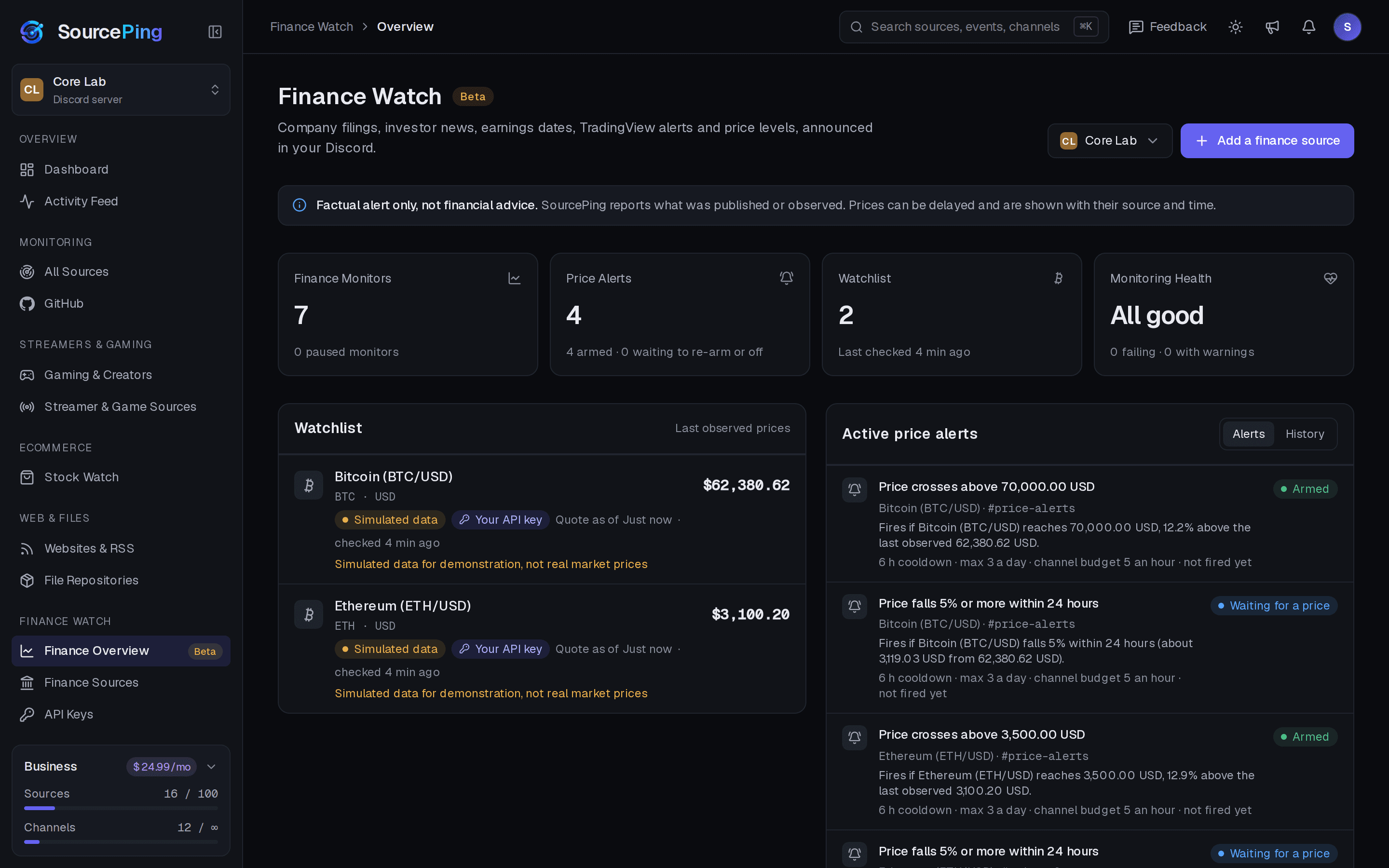 SourcePing dashboard: Filings and events at a glance.