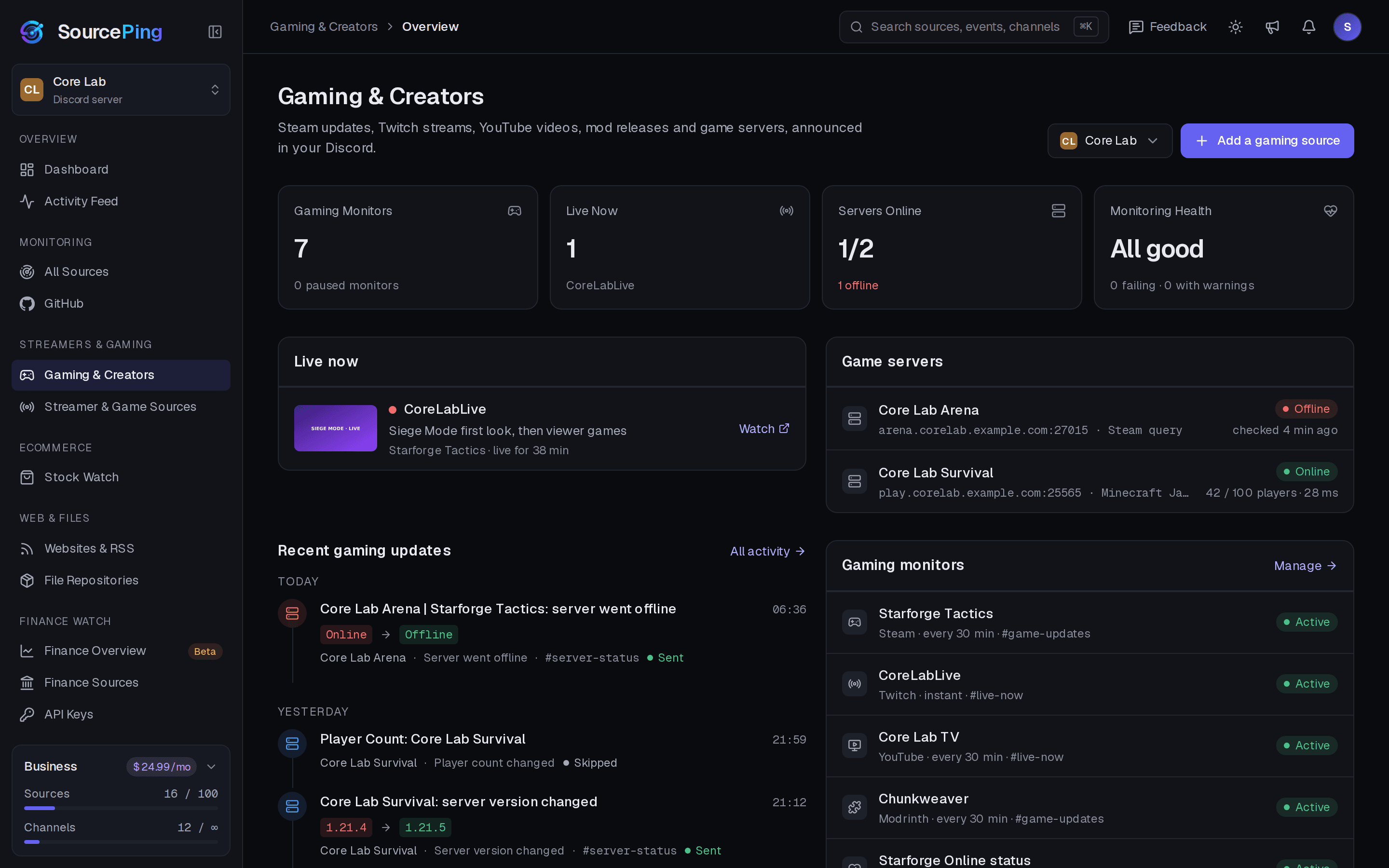 SourcePing dashboard: Every server at a glance.