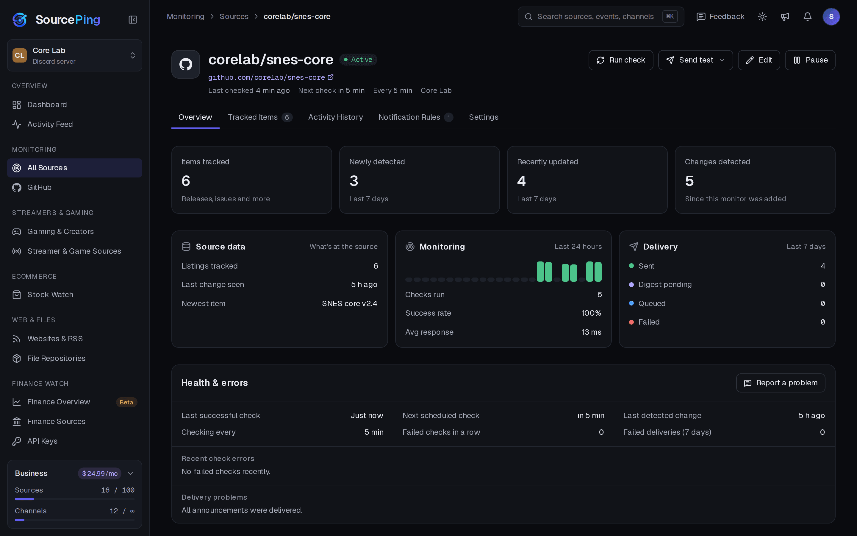 SourcePing dashboard: See exactly what it's watching.